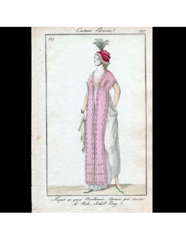 Costume Parisien, Journal des dames et des modes, 1797 gravure n°2 rembourrage situé sous