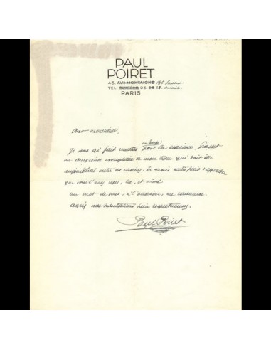 Poiret - Cher Monsieur, lettre de Paul Poiret (circa 1930) en ligne des produits 