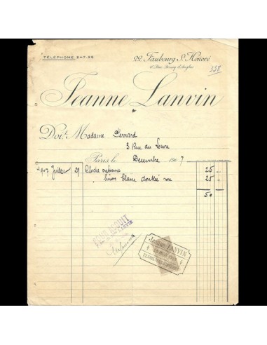 Facture de la maison Jeanne Lanvin, 22 faubourg Saint-Honoré (1907) Découvrez la collection